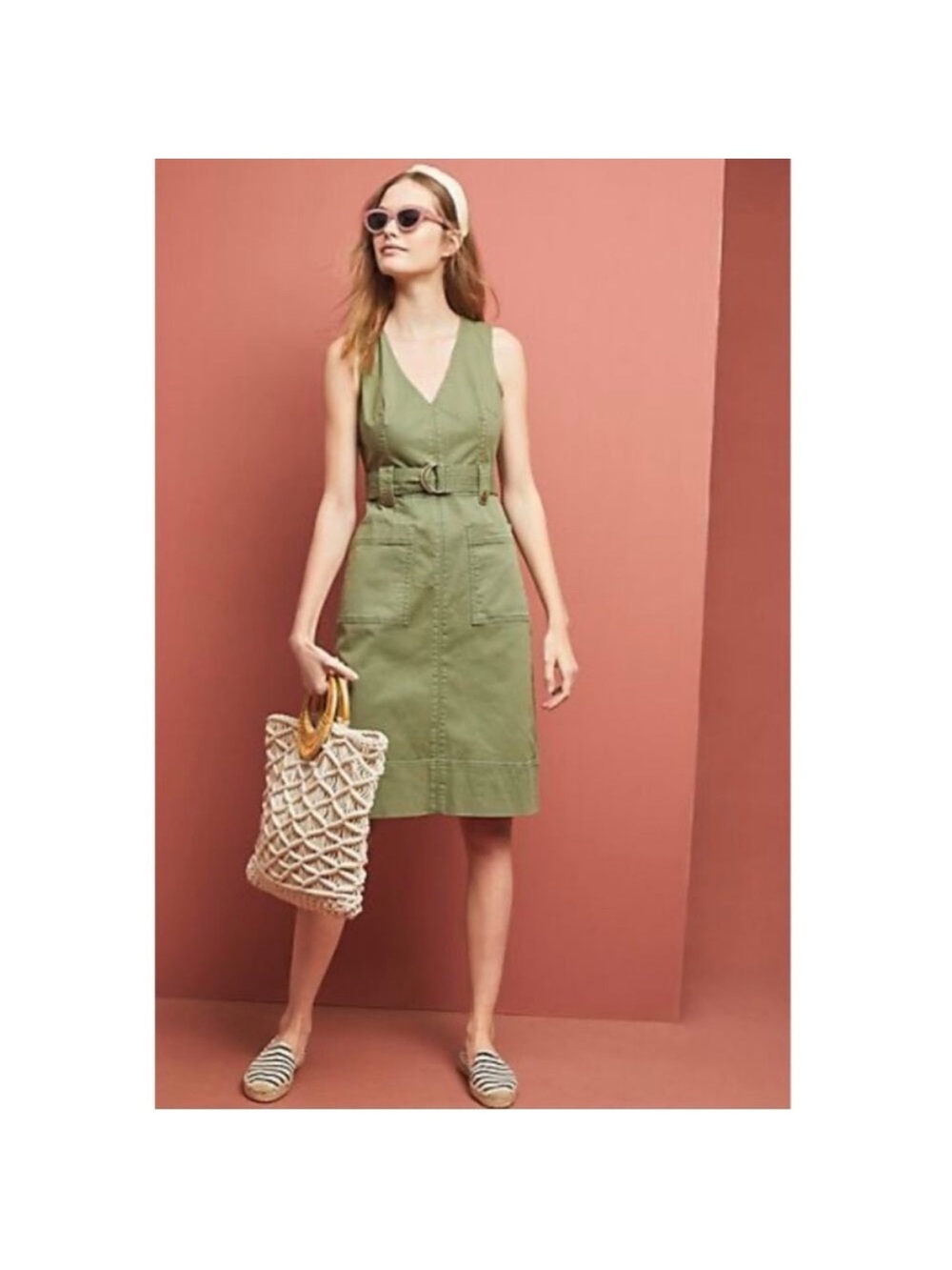 Maeve Olive Green Sleeveless V-Neck Belted Mini Dress